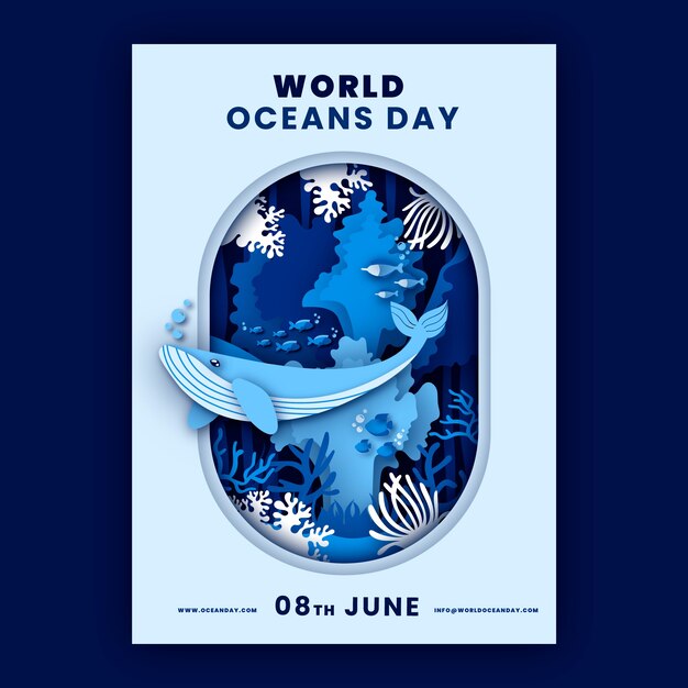 Paper style world oceans day vertical flyer template