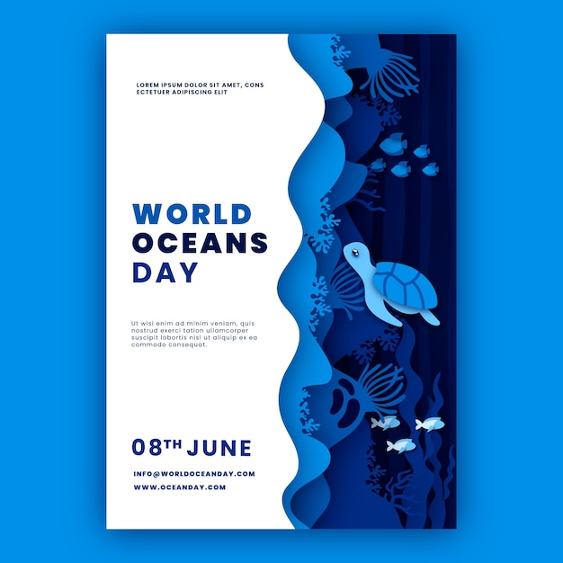 Paper style world oceans day vertical poster template