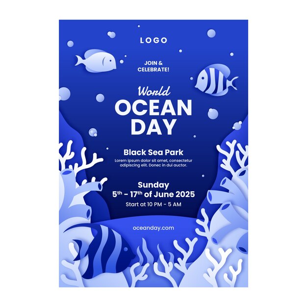 Paper style world oceans day vertical poster template