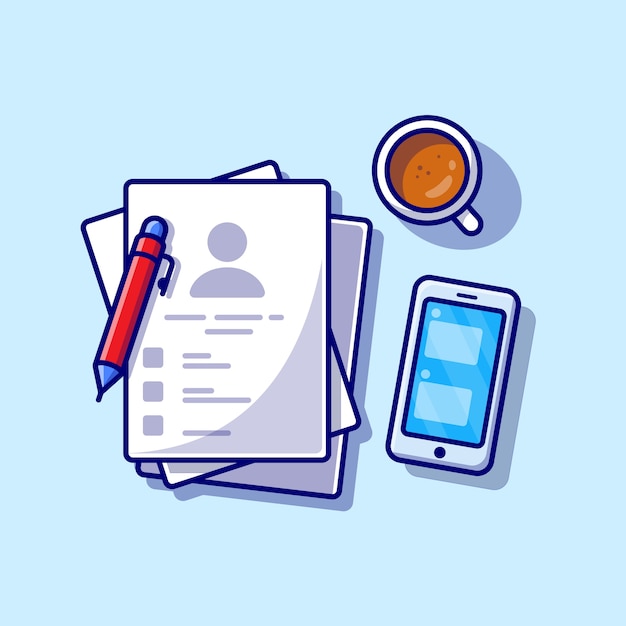 Paper With Coffee, Phone, And Pen Cartoon Icon Illustration. Business Object Icon Concept Isolated . Flat Cartoon Style