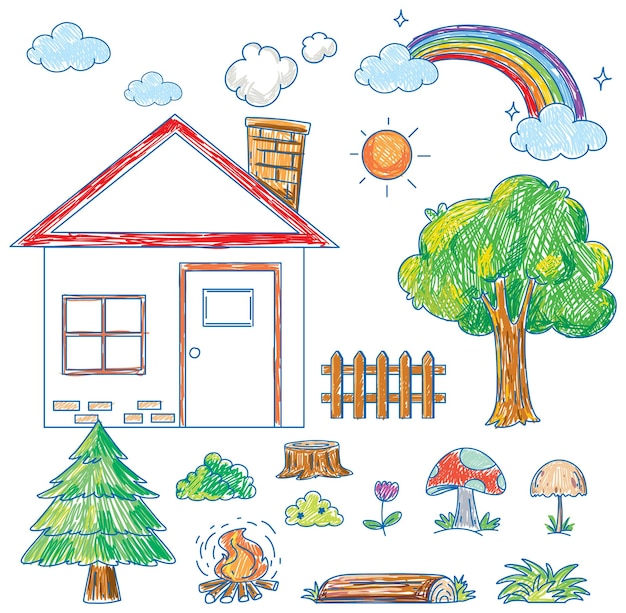 Free Vector a paper with a doodle design of the house and tree with color