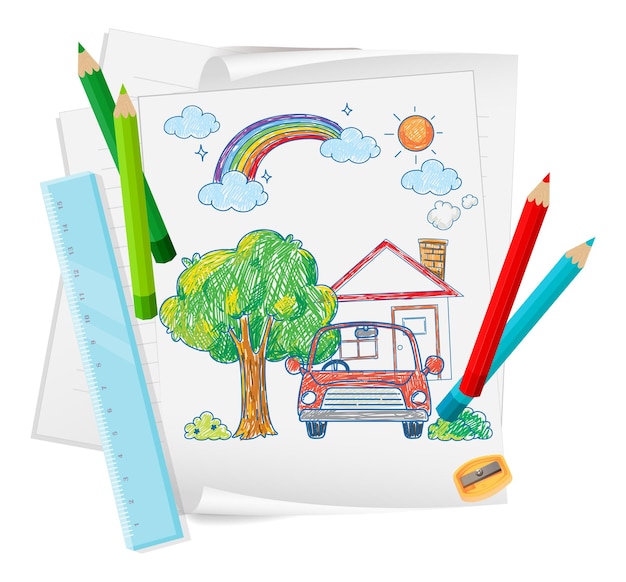 Free Vector a paper with a doodle sketch design with color and colour pencil