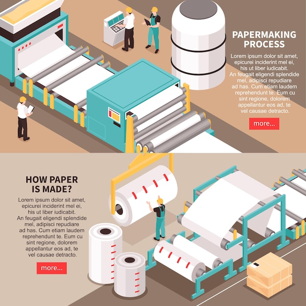 Free Vector papermaking material manufacture process 2 horizontal isometric web banners