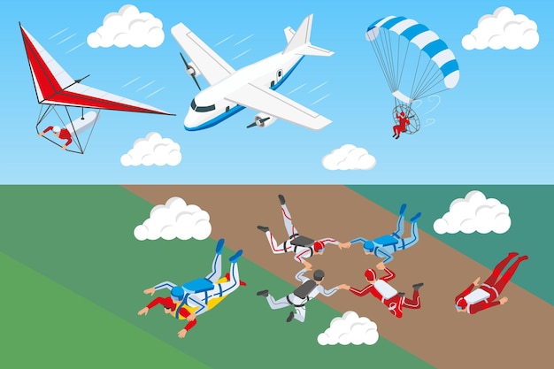 Free Vector parachuting isometric horizontal banners with airplane hang glider and group of people skydiving in  sky vector illustration