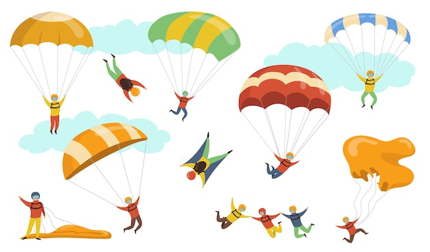 Free Vector parachutists vector illustrations set. people on hardhats and masks flying with parachutes and paragliders. for skydiving, danger hobby, adrenaline, sport concept