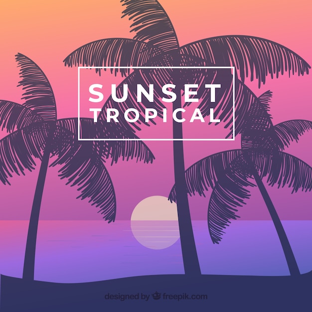 Free vector paradise tropical beach with lovely sunset