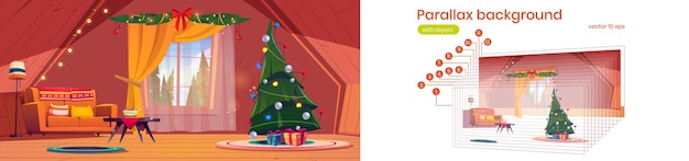 Free Vector parallax background attic with christmas tree