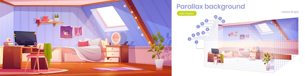 Parallax background girl bedroom interior on attic. Teenager mansard room with unmade bed, window, workspace with computer. Cartoon 2d separated layers for game animation scene, Vector illustration