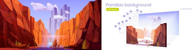 Parallax background Grand Canyon with river, national park of Arizona, red sandstone mountains, horizon with sand rocks and sky, nature landscape separated on layers for game, Cartoon 2d vector scene