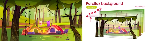 Parallax background summer camp with camping tents, campfire and tourist stuff in forest, 2d scenery nature landscape. Cartoon animation scene with separated layers for game, Vector illustration