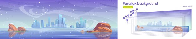 Parallax background winter city skyline at frozen waterfront bay. Urban 2d cityscape architecture under snowfall. skyscraper buildings separated layers for game animation, Cartoon vector illustration