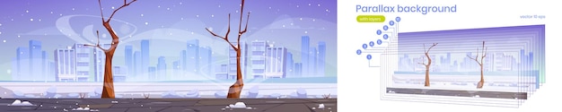 Free Vector parallax background winter city street with bare trees, blizzard and snowdrifts. 2d urban cityscape with buildings skyline at wintertime season, separated layers for game animation vector illustration