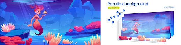 Free vector parallax background with cute mermaid and fish