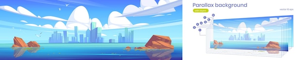 Parallax background with lake and city on skyline