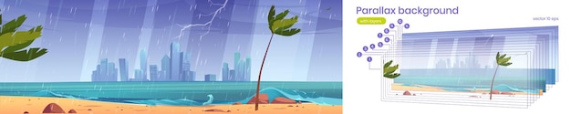 Free Vector parallax background with sea beach in rain