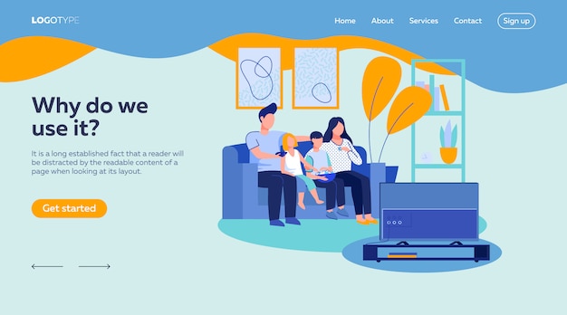 Parent couple, boy and girl watching TV landing page template