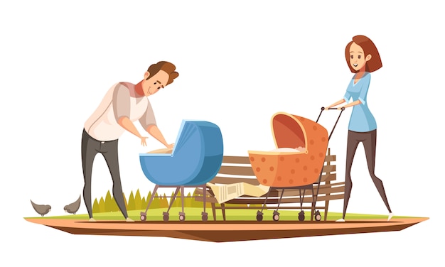 Free Vector parenthood duties retro cartoon poster with mother and father with 2 babies in prams outdoor vector illustration 