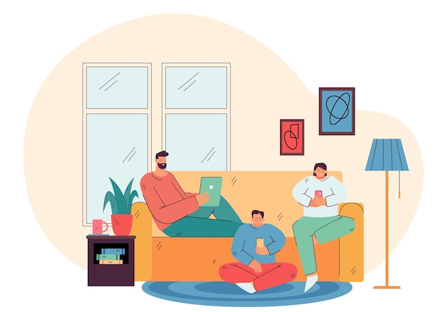 Free Vector parents and child holding their cellphones and tablet at home, chatting online on social media