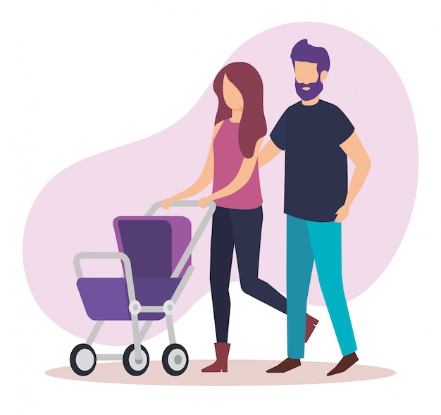 Parents couple with cart baby characters