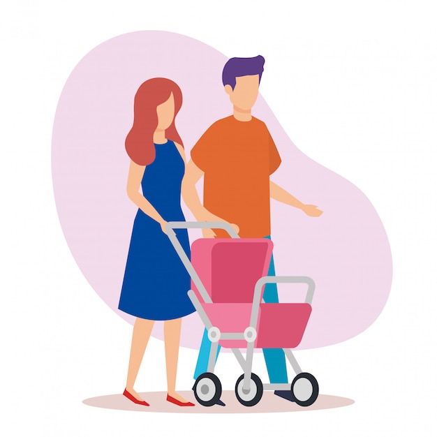 Free Vector parents couple with cart baby characters