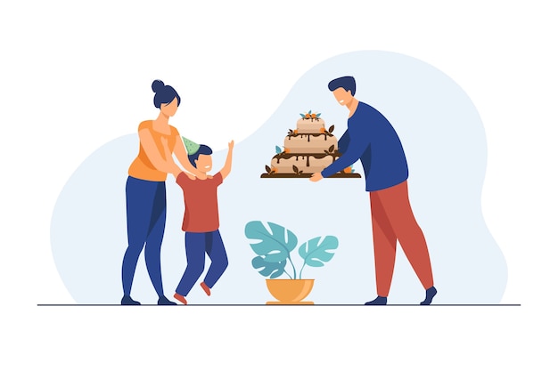 Parents giving birthday cake to son. Family, kid, sweet flat vector illustration. Celebration and holiday