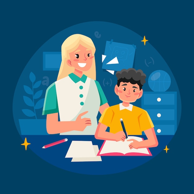 Free Vector parents helping children with homework illustration