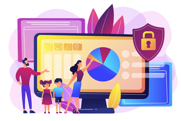 Parents with children using content control software. Parental control software, restricted access for children, media content limitations concept. Bright vibrant violet  isolated illustration