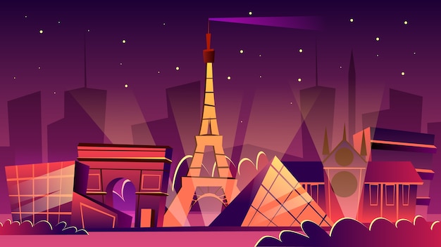 Paris cityscape illustration. Cartoon Paris landmarks in night, Eiffel Tower