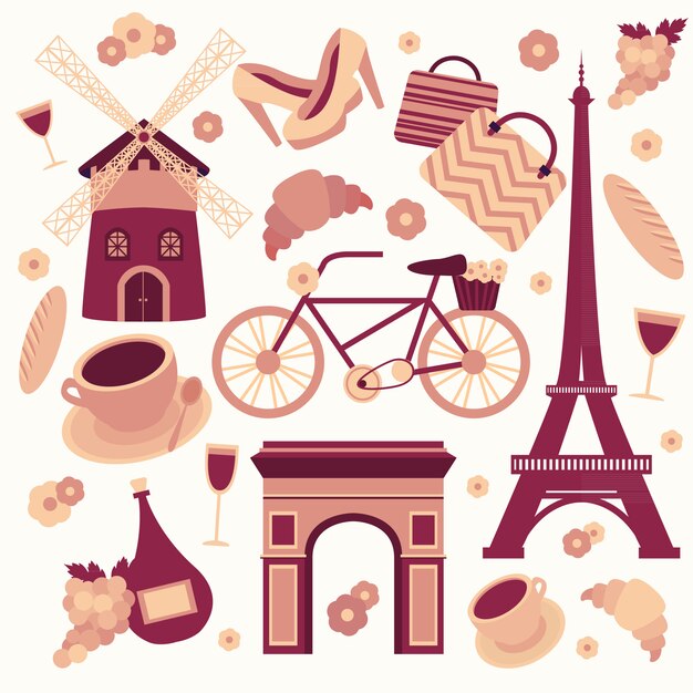 Paris symbols collection of eiffel tower french croissant coffee and culture isolated 