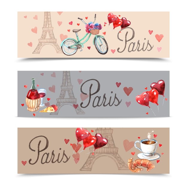 Paris watercolor symbols banners