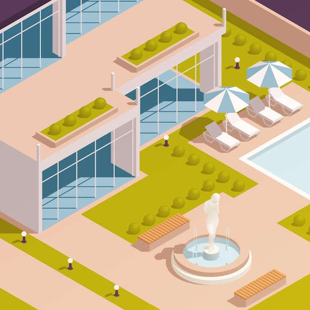 Free Vector park fountains ponds gazebo isometric composition with outdoor view of modern recreation area with lounges benches vector illustration