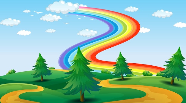 Free Vector park landscape scene with rainbow in the sky