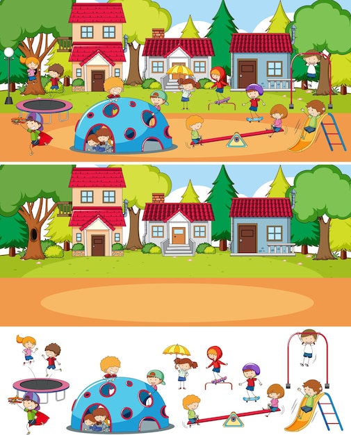 Park scene set with many kids doodle cartoon character isolated