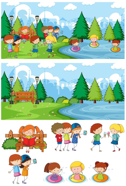 Park scene set with many kids doodle cartoon character isolated