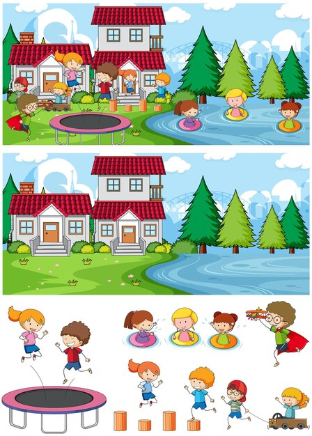 Park scene set with many kids doodle cartoon character isolated