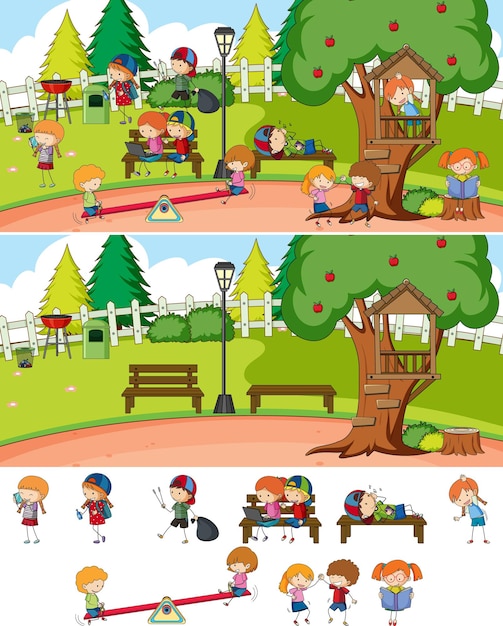 Free Vector park scene set with many kids doodle cartoon character isolated