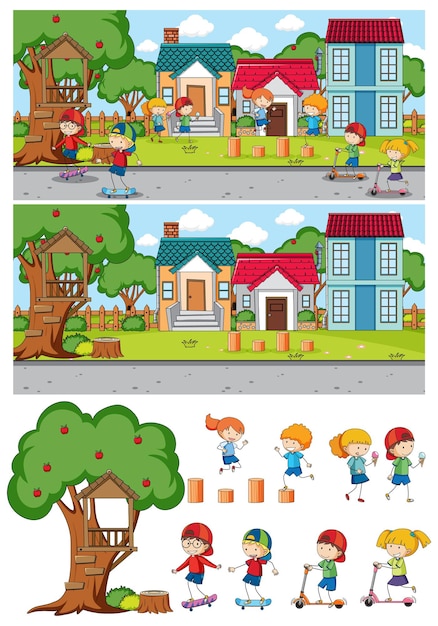 Park scene set with many kids doodle cartoon character isolated