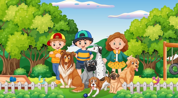 Free Vector park scene with children playing with their dogs