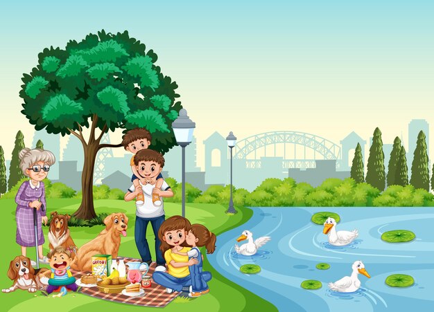 Park scene with happy family enjoying picnic