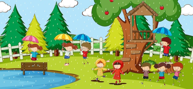 Free Vector park scene with many kids doodle cartoon character