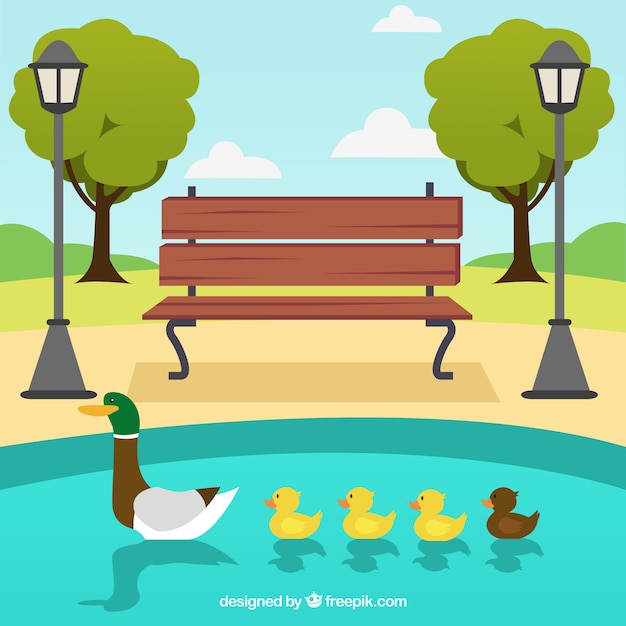 Free Vector park with family of ducks in the lake