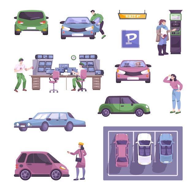 Free Vector parking set with flat images of cars people parking lot and payment kiosk on blank background vector illustration