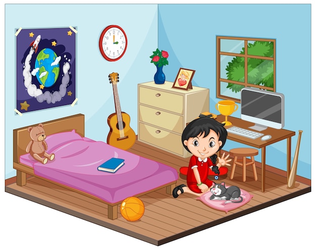 Part of bedroom of children scene with a girl in cartoon style