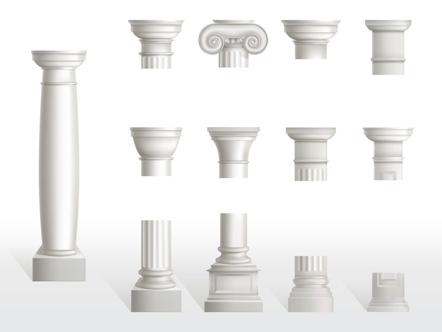 Free vector parts of ancient column, base, shaft and capital set. ancient classic ornate pillars of roman or greece architecture, white marble stone. tuscan, doric, ionic order. realistic 3d vector illustration