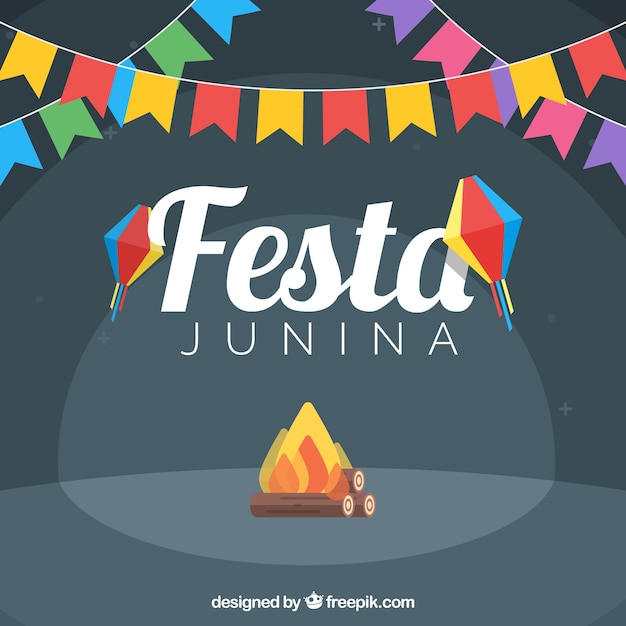 Party background with bonfire and garlands of colors in flat design