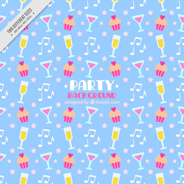 Party background with drinks and cupcakes in flat design