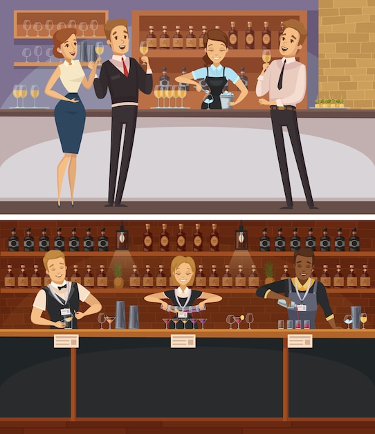 Free vector party in bar interior cartoon horizontal banners with bartenders and guests holding wine glasses