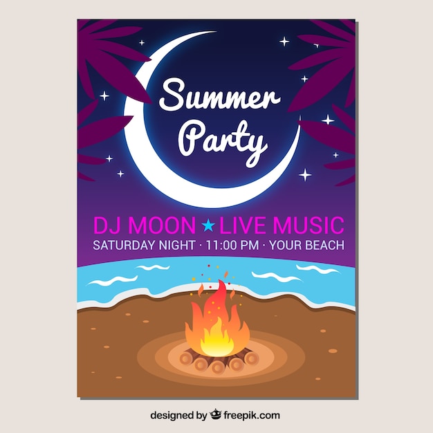 Free Vector party brochure with bonfire on the beach