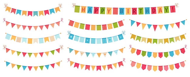 Party bunting. Color paper triangular flags collected and draped in garlands, happy birthday buntings