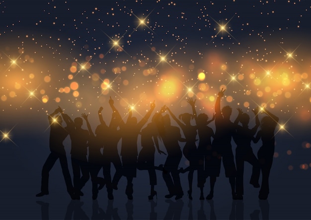 Party crowd on gold bokeh lights and stars